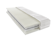 Querschnitt einer Taschenfederkernmatratze H5 mit sichtbaren Schichten aus Schaumstoff und Federn, perspektivisch von der Seite aufgenommen.