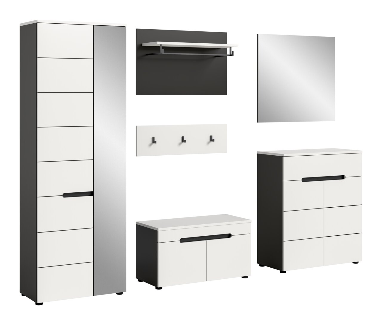 MID.YOU Garderobenkombination CANU Modernes Garderoben-Set in Weiß und Anthrazit mit hohem Schrank, Kommode, Schuhbank, Wandgarderobe mit Ablage und Spiegel, dargestellt in Frontansicht mit leichter Perspektive (3/4-Ansicht) auf weißem Hintergrund.