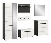 Modernes Garderoben-Set in Weiß und Anthrazit mit hohem Schrank, Kommode, Schuhbank, Wandgarderobe mit Ablage und Spiegel, dargestellt in Frontansicht mit leichter Perspektive (3/4-Ansicht) auf weißem Hintergrund.