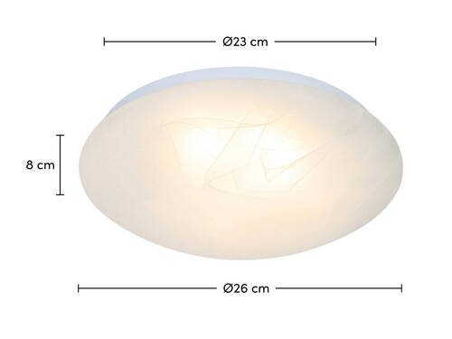 Ronde led-plafondlamp met een diameter van 26 cm en een hoogte van 8 cm, gefotografeerd vanuit een zijdelingse hoek.