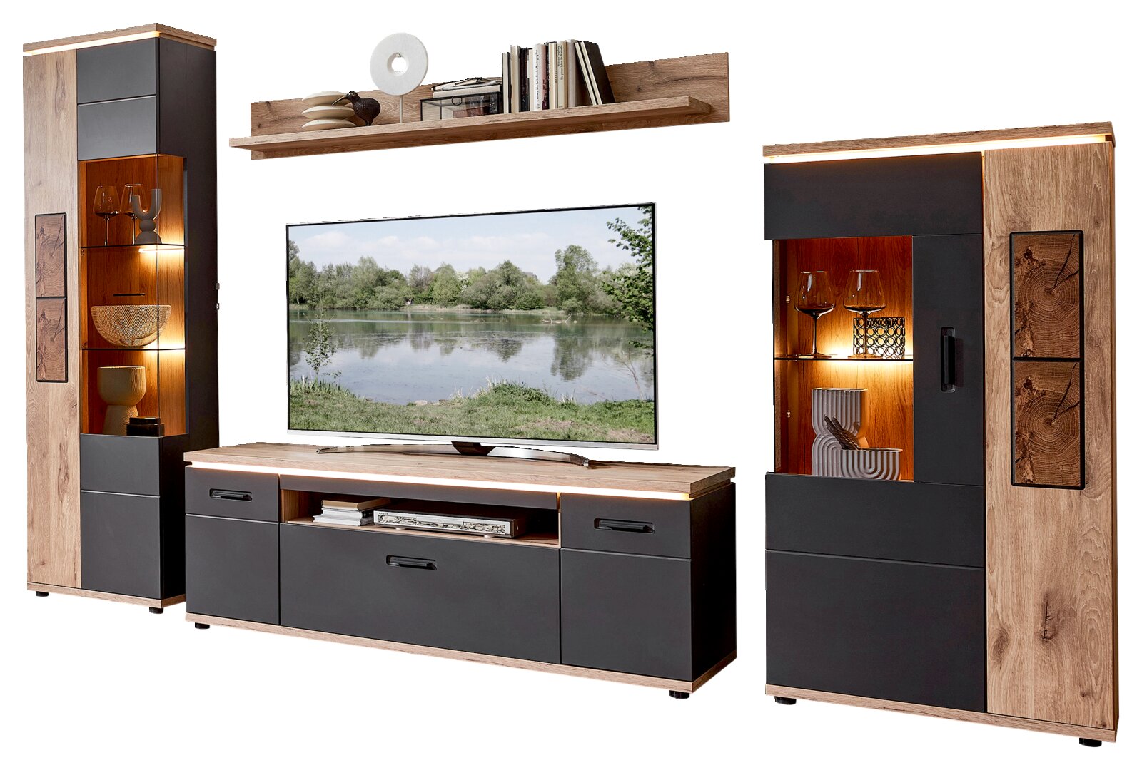 Stylife Wandkombination SINA Moderne Wohnwand im Eiche-Optik/Anthrazit mit LED-Beleuchtung, bestehend aus TV-Lowboard, Wandboard und zwei Vitrinenschränken mit Glasböden; Ansicht schräg von vorn