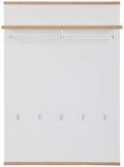 Garderobenpaneel in Frontalansicht mit Holzablage und fünf Haken