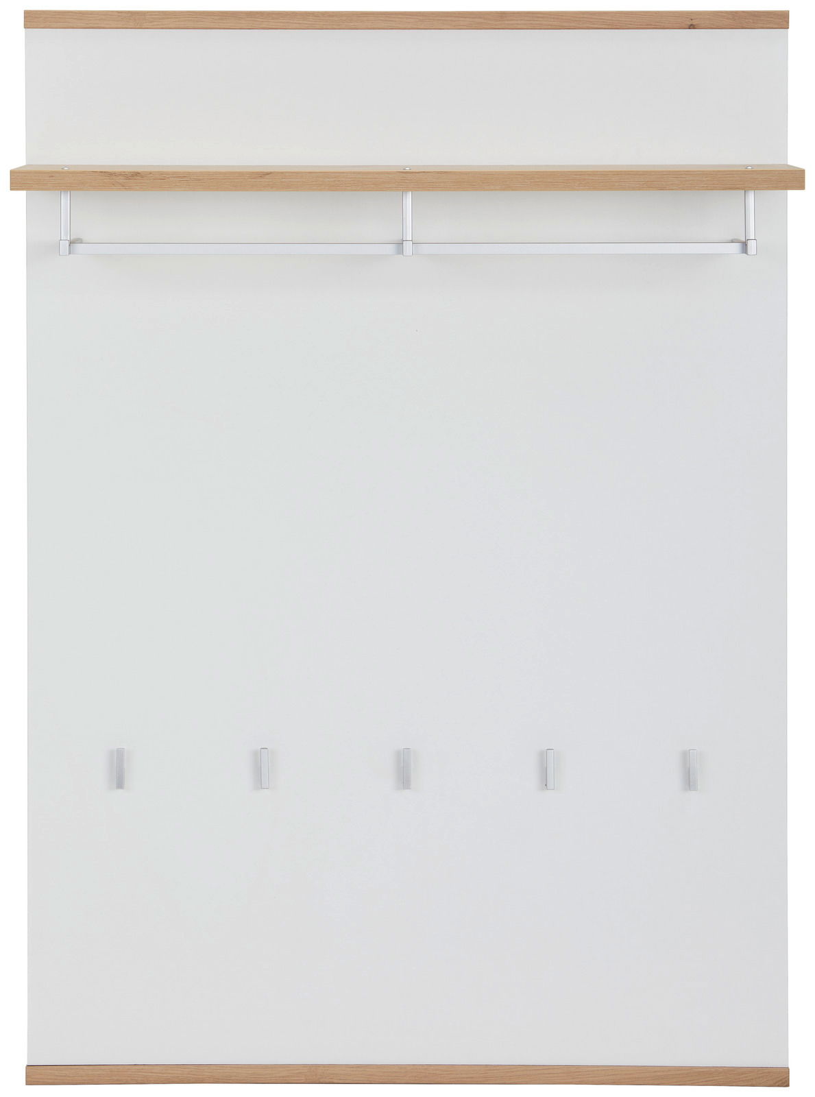 Garderobenpaneel in Frontalansicht mit Holzablage und fünf Haken