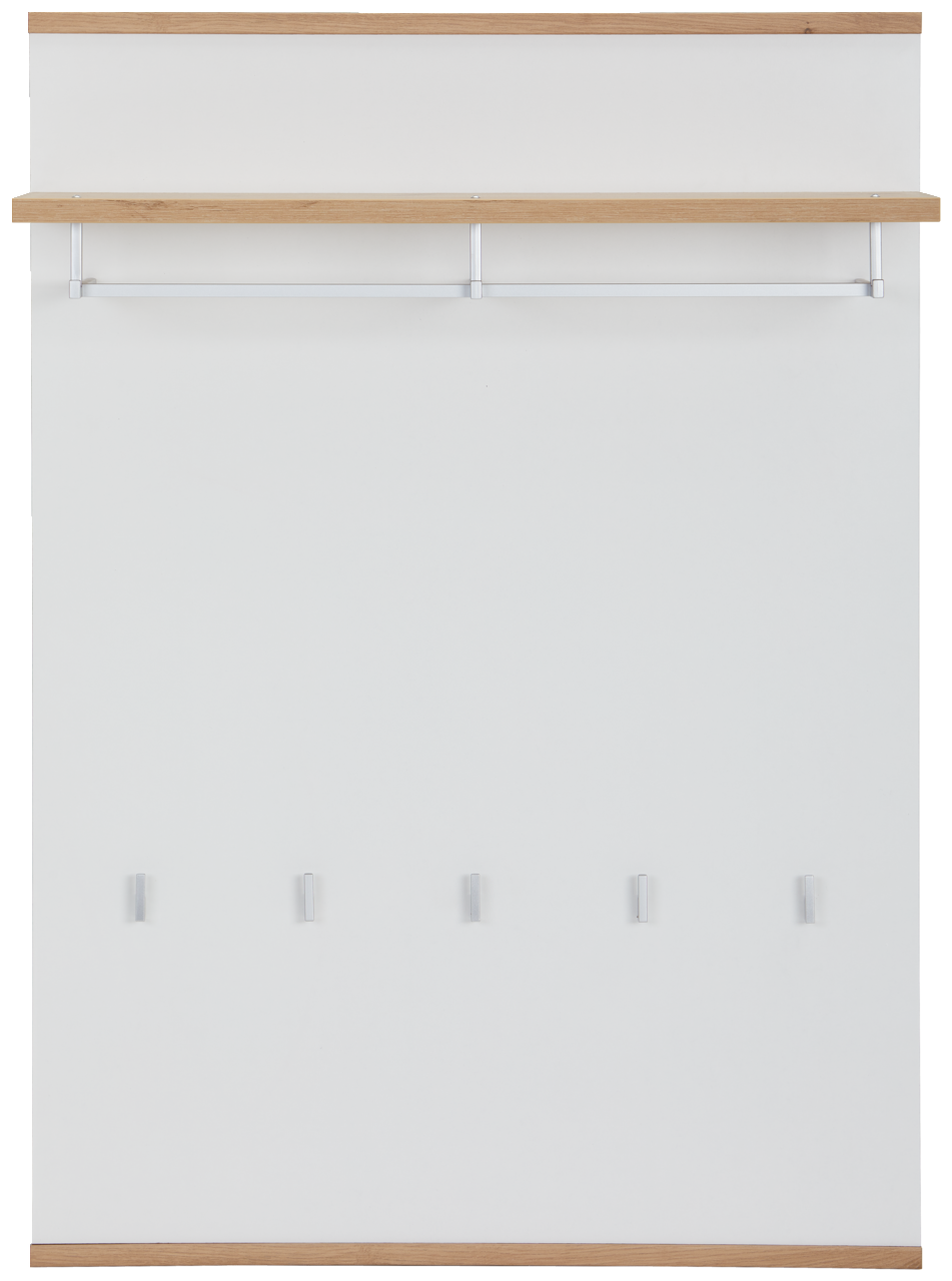 Garderobenpaneel in Frontalansicht mit Holzablage und fünf Haken