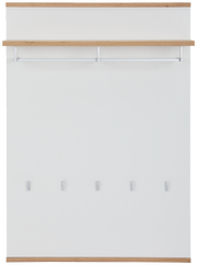 Garderobenpaneel in Frontalansicht mit Holzablage und fünf Haken