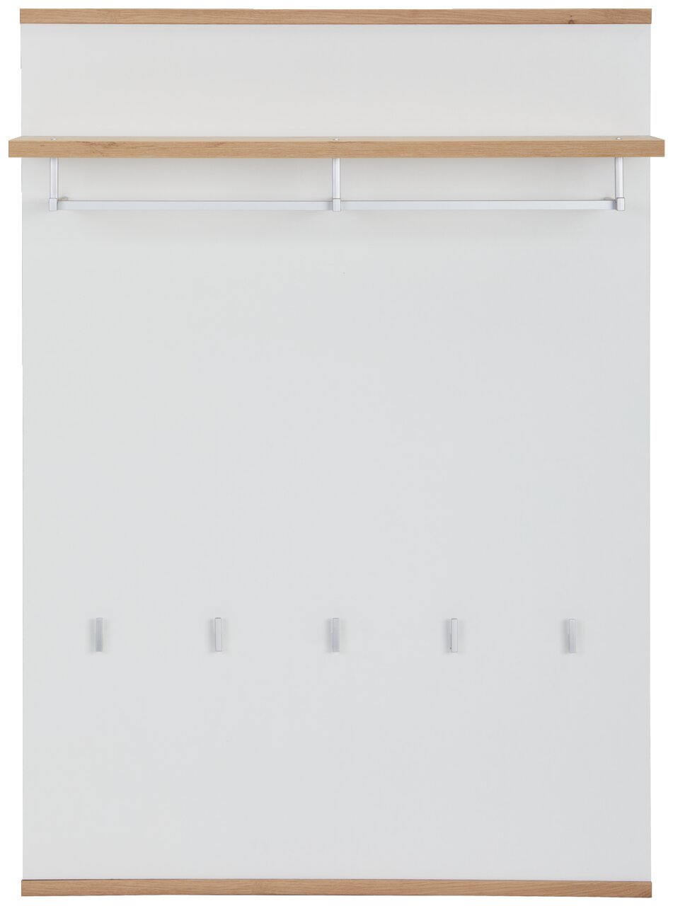 Garderobenpaneel in Frontalansicht mit Holzablage und fünf Haken