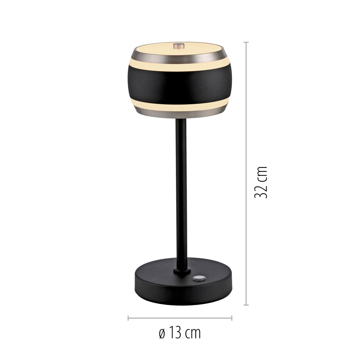 Moderne Akku-Tischleuchte in Schwarz mit zylindrischem Lampenschirm, seitliche Ansicht, Höhe 32 cm, Durchmesser 13 cm