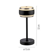 Moderne Akku-Tischleuchte in Schwarz mit zylindrischem Lampenschirm, seitliche Ansicht, Höhe 32 cm, Durchmesser 13 cm