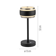 Moderne Akku-Tischleuchte in Schwarz mit zylindrischem Lampenschirm, seitliche Ansicht, Höhe 32 cm, Durchmesser 13 cm