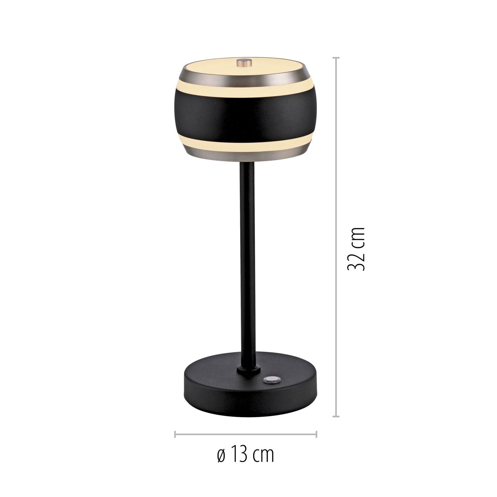 Moderne accu-tafellamp in zwart met cilindrische lampenkap, zijaanzicht, hoogte 32 cm, diameter 13 cm