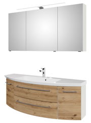 Badkombination 3-tlg. mit Spiegelschrank und Waschtisch in Holzoptik, seitliche Perspektive