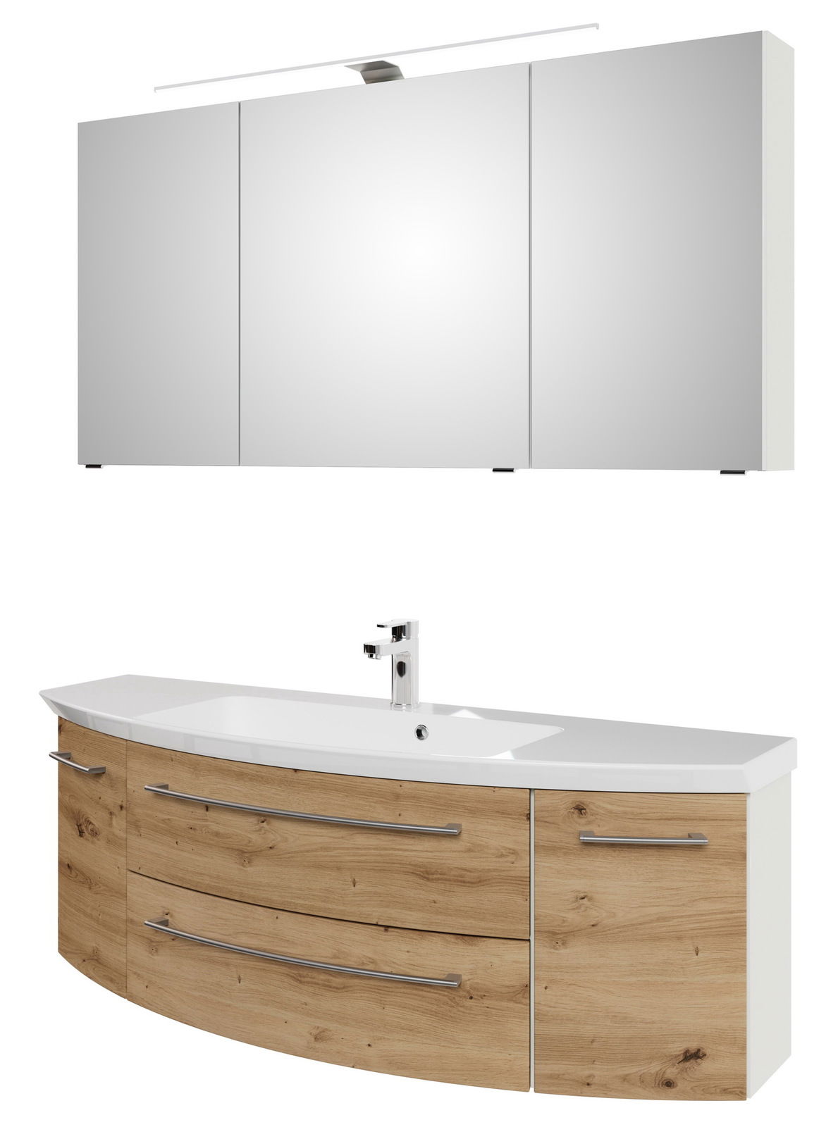 Badkombination 3-tlg. mit Spiegelschrank und Waschtisch in Holzoptik, seitliche Perspektive