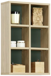 Holzregal mit sechs Fächern, dekoriert mit Kerzen und einer Eulenfigur, seitliche Perspektive