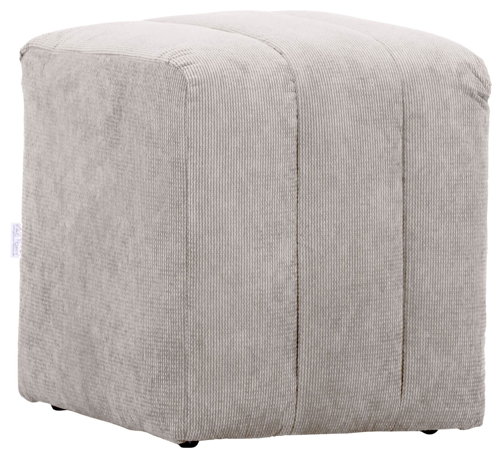 Grauer, quadratischer Hocker aus Stoff in Seitenansicht