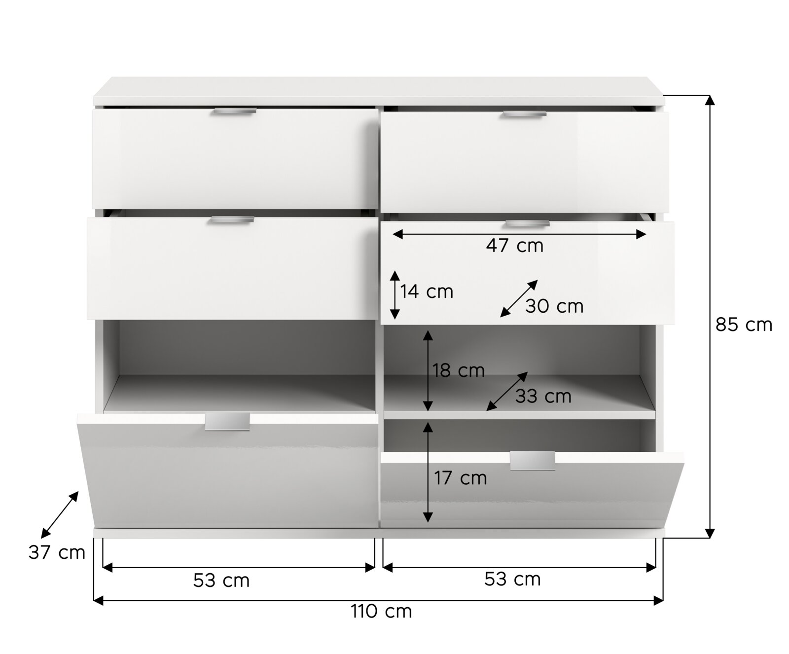 Weiße Kommode mit mehreren Schubladen, Frontansicht, Maße: 110 cm Breite, 85 cm Höhe, 37 cm Tiefe