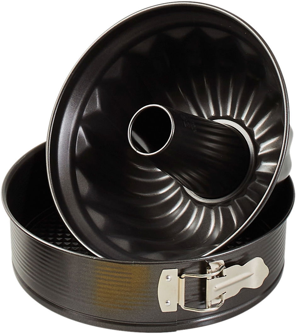 Backformen-Set 9-tlg. aus Metall, bestehend aus einer Springform und einer Gugelhupfform, seitliche Perspektive