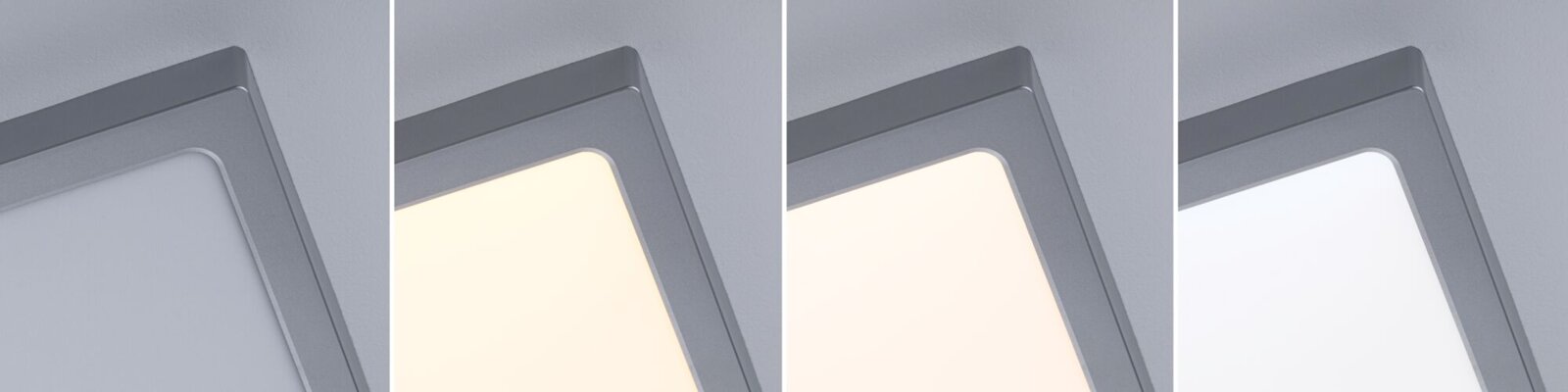 Vierteilige Nahaufnahme eines quadratischen LED-Panels mit grauem Rahmen, gezeigt aus schräger Perspektive von oben, mit unterschiedlichen Lichtfarben von aus bis warmweiß und kaltweiß.