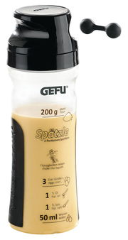 Spätzle-Shaker von GEFU, Vorderansicht, mit Zutatenangaben für 2 Portionen Spätzle.