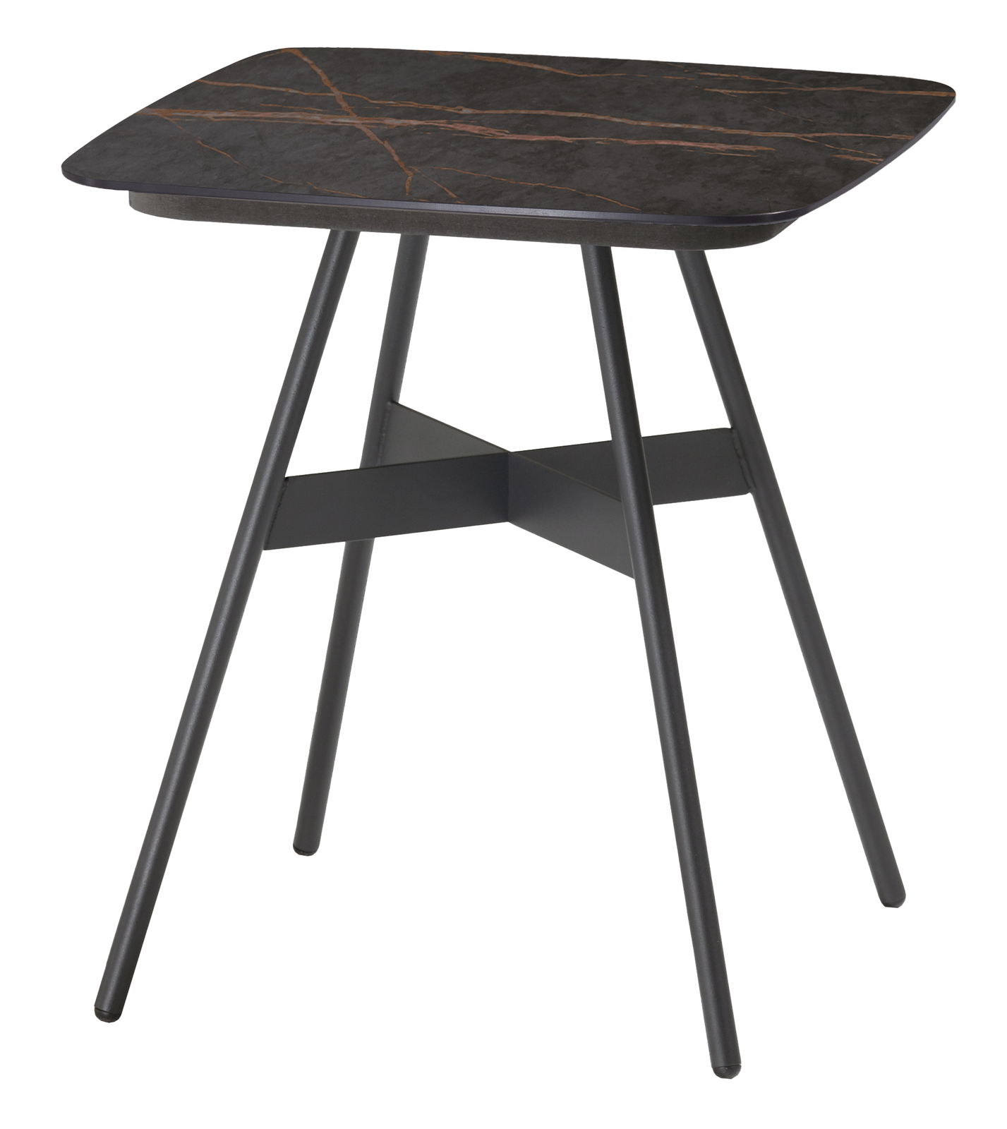 Moderner Couchtisch mit dunkler Marmoroptik und schlanken Metallbeinen, seitliche Perspektive