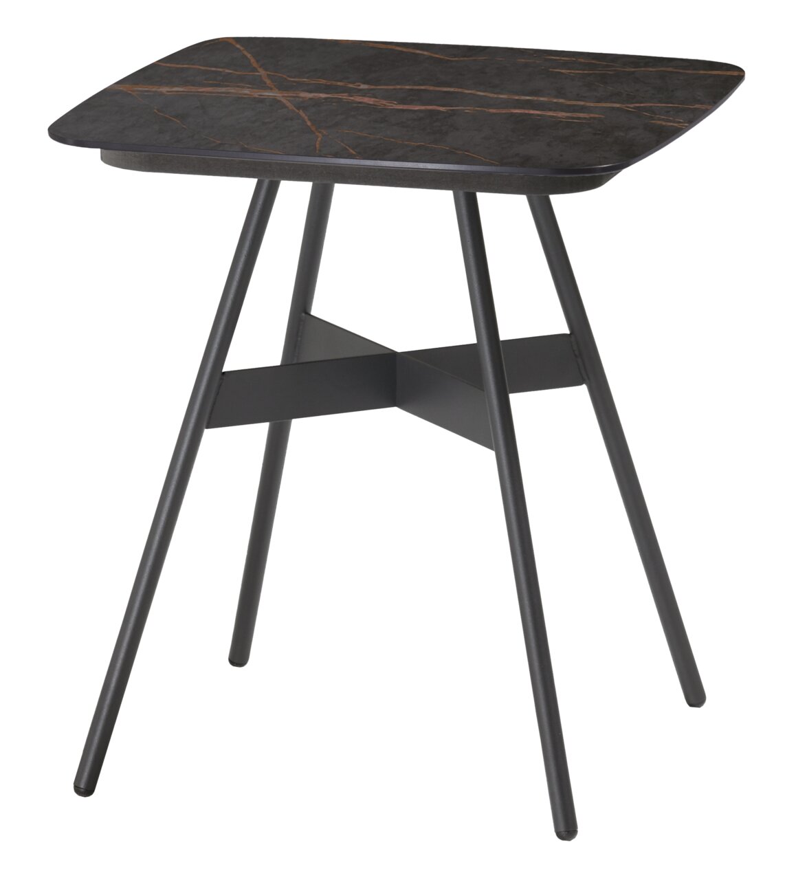 Moderner Couchtisch mit dunkler Marmoroptik und schlanken Metallbeinen, seitliche Perspektive