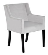 Grauer Polsterstuhl mit Armlehnen und schwarzen Beinen, seitliche Perspektive