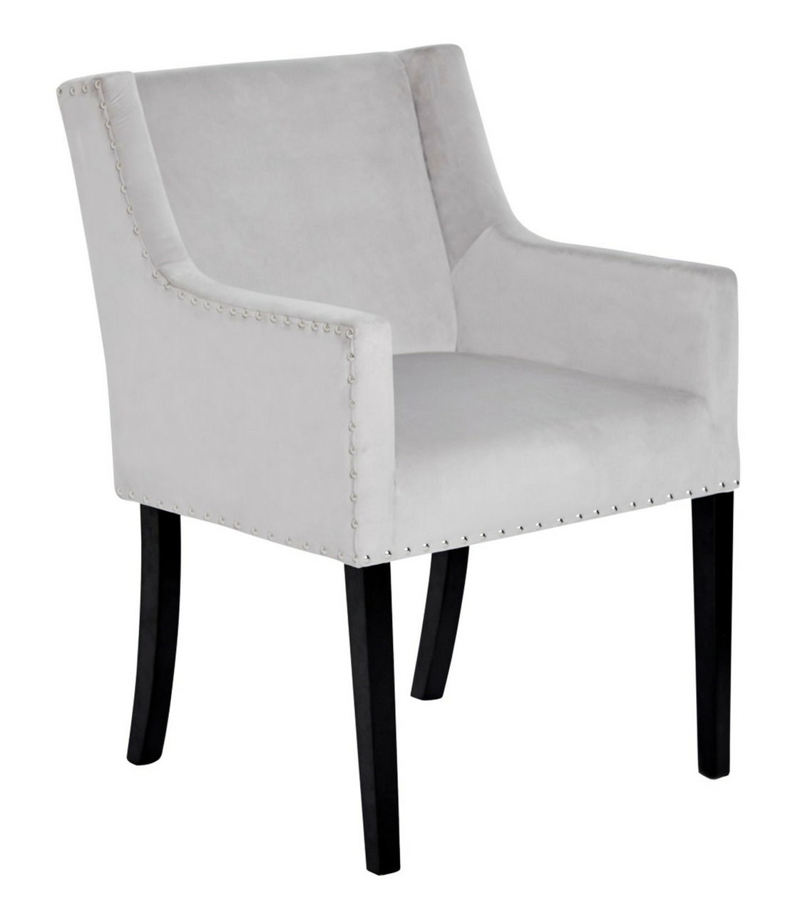 Grauer Polsterstuhl mit Armlehnen und schwarzen Beinen, seitliche Perspektive