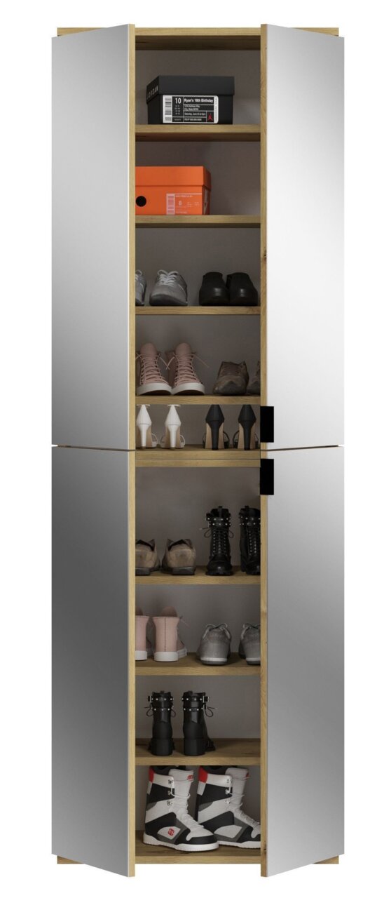 Garderobenschrank mit offenen Türen, gefüllt mit verschiedenen Schuhen, von Sportschuhen bis zu Stiefeln, aus der Frontalperspektive.