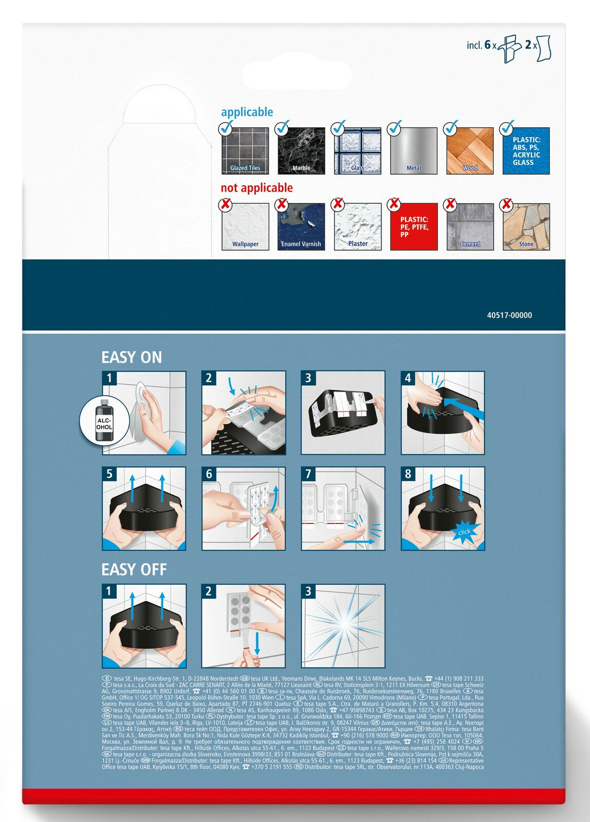 Verpackung des tesa Lavaa Eckduschkorbs S mit Anleitungen zur einfachen Montage und Demontage. Perspektive von hinten.