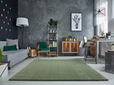 Grüner Teppich Soft Dream ca. 240x290cm in modernem Wohnzimmer mit grauer Couch, grünen Akzenten und Pflanzen, aus der Perspektive des Raumes betrachtet.