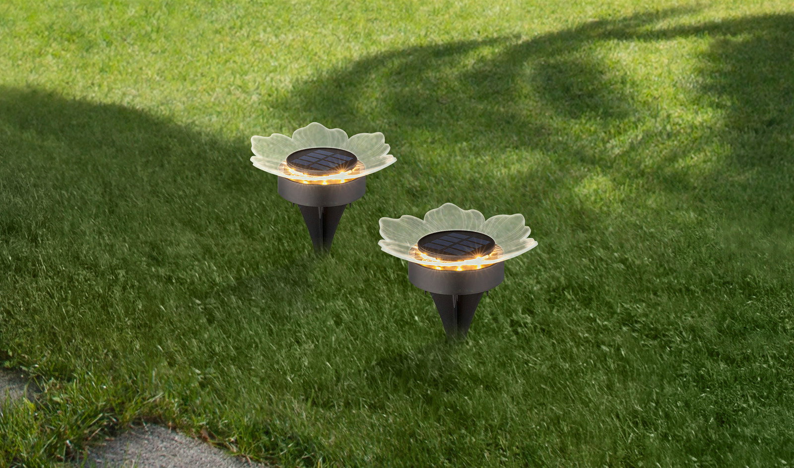 Zwei solarbetriebene Gartenleuchten in Blütenform auf einer Rasenfläche, aus der Vogelperspektive fotografiert.