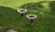 Zwei solarbetriebene Gartenleuchten in Blütenform auf einer Rasenfläche, aus der Vogelperspektive fotografiert.