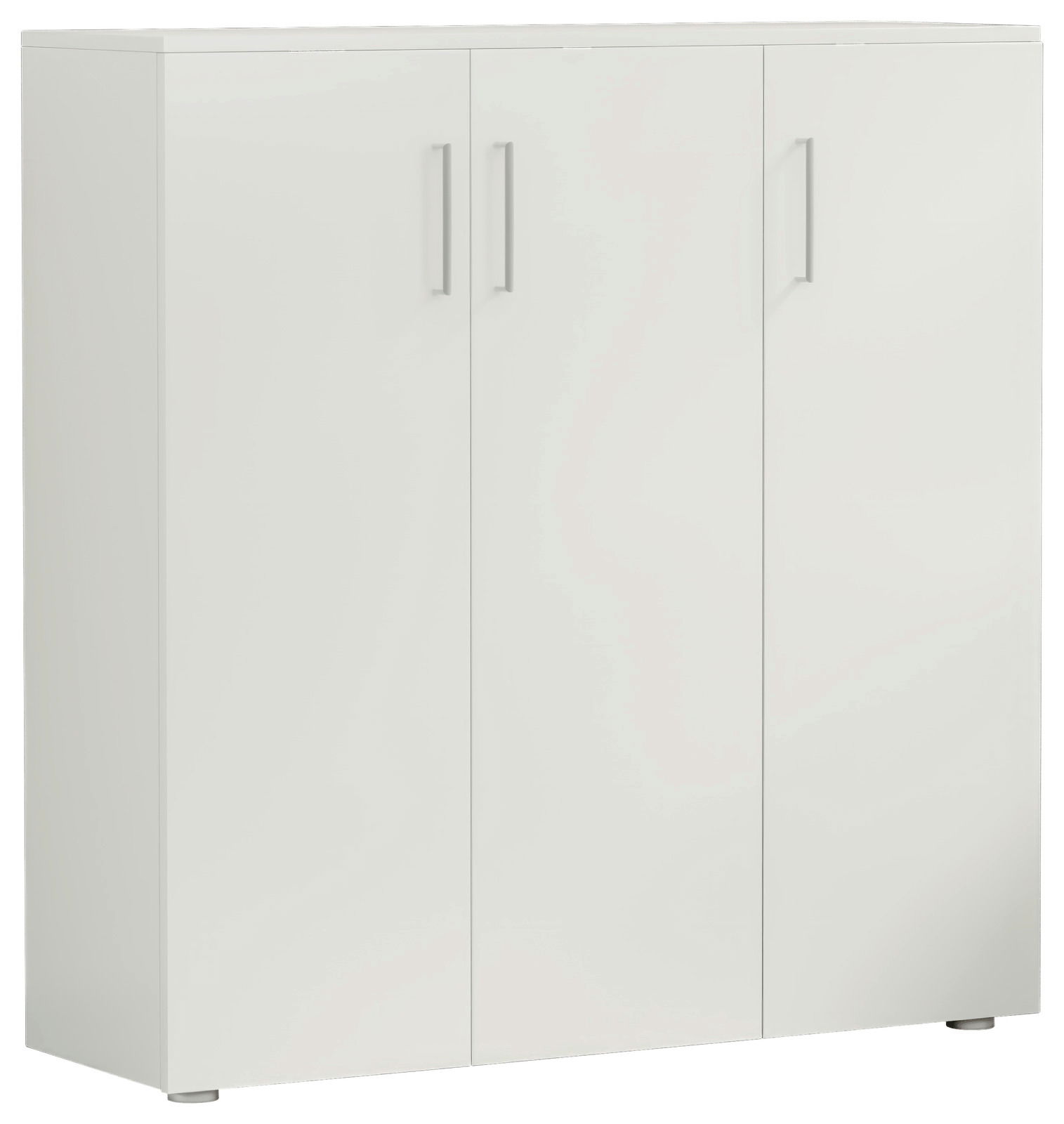 Weißer, breiter Schuhschrank mit drei Türen und silbernen Griffen, frontal betrachtet.