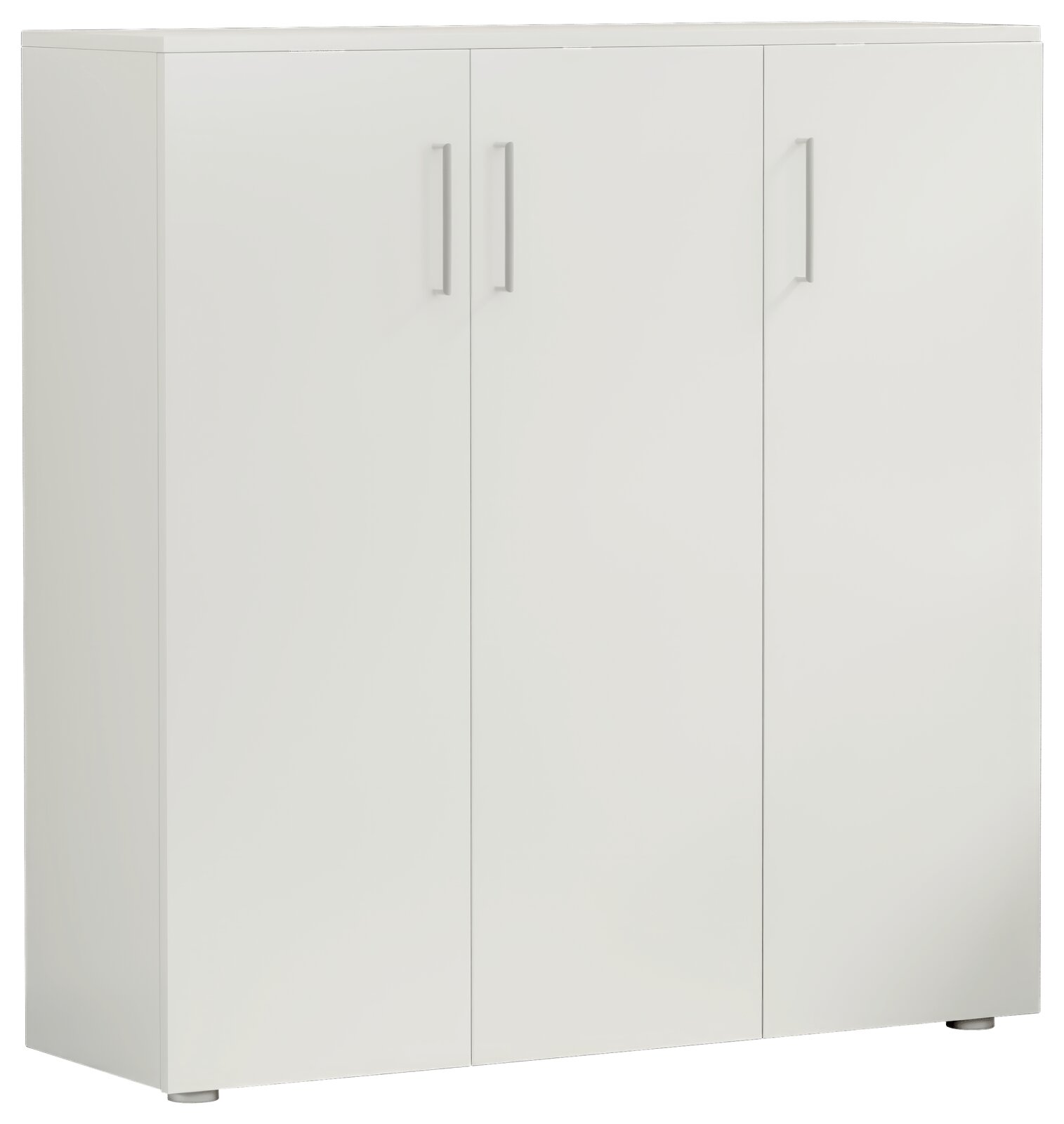 Moderano Schuhschrank breit SHOES Weißer, breiter Schuhschrank mit drei Türen und silbernen Griffen, frontal betrachtet.