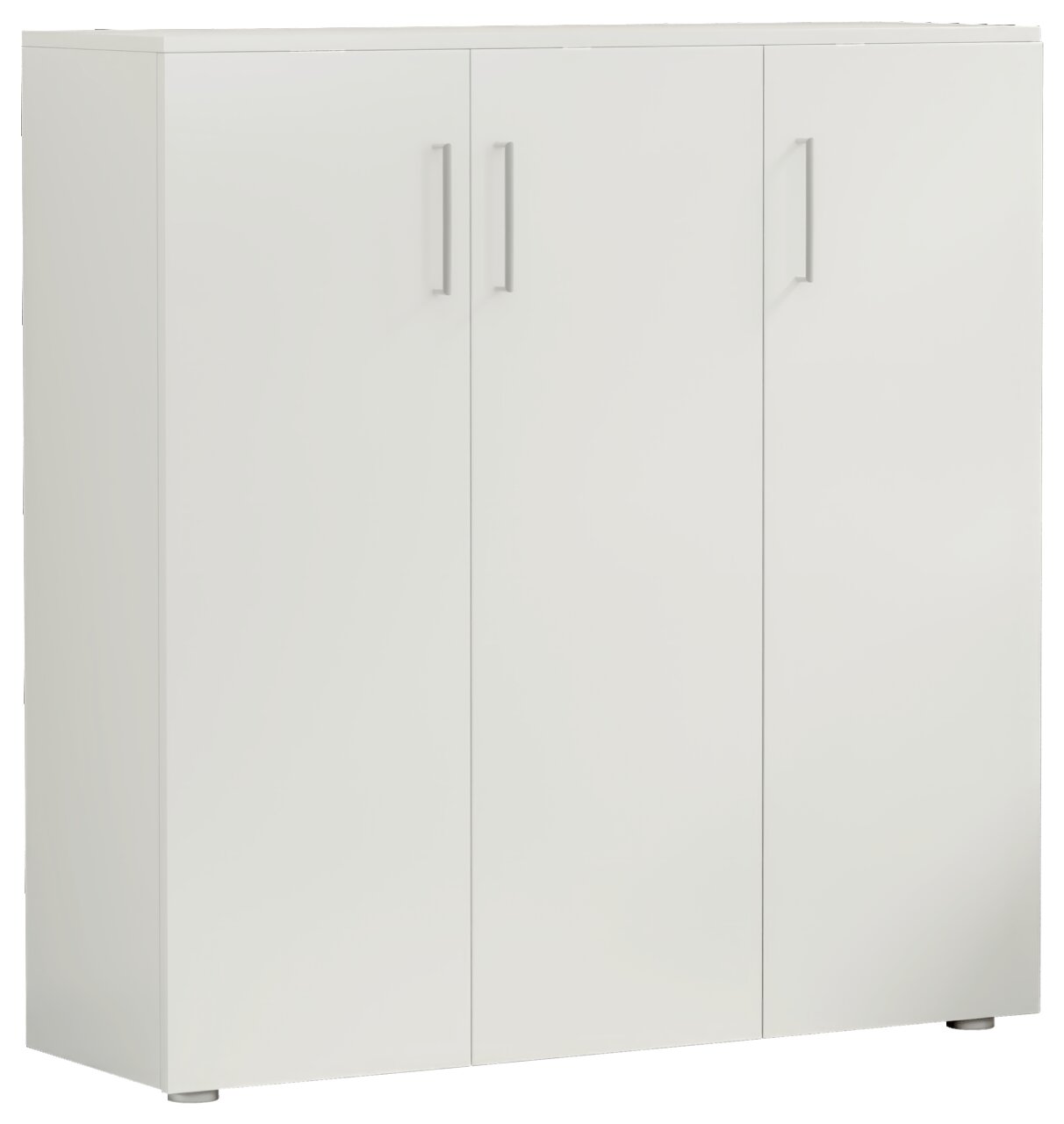 Moderano Schuhschrank breit SHOES Weißer, breiter Schuhschrank mit drei Türen und silbernen Griffen, frontal betrachtet.