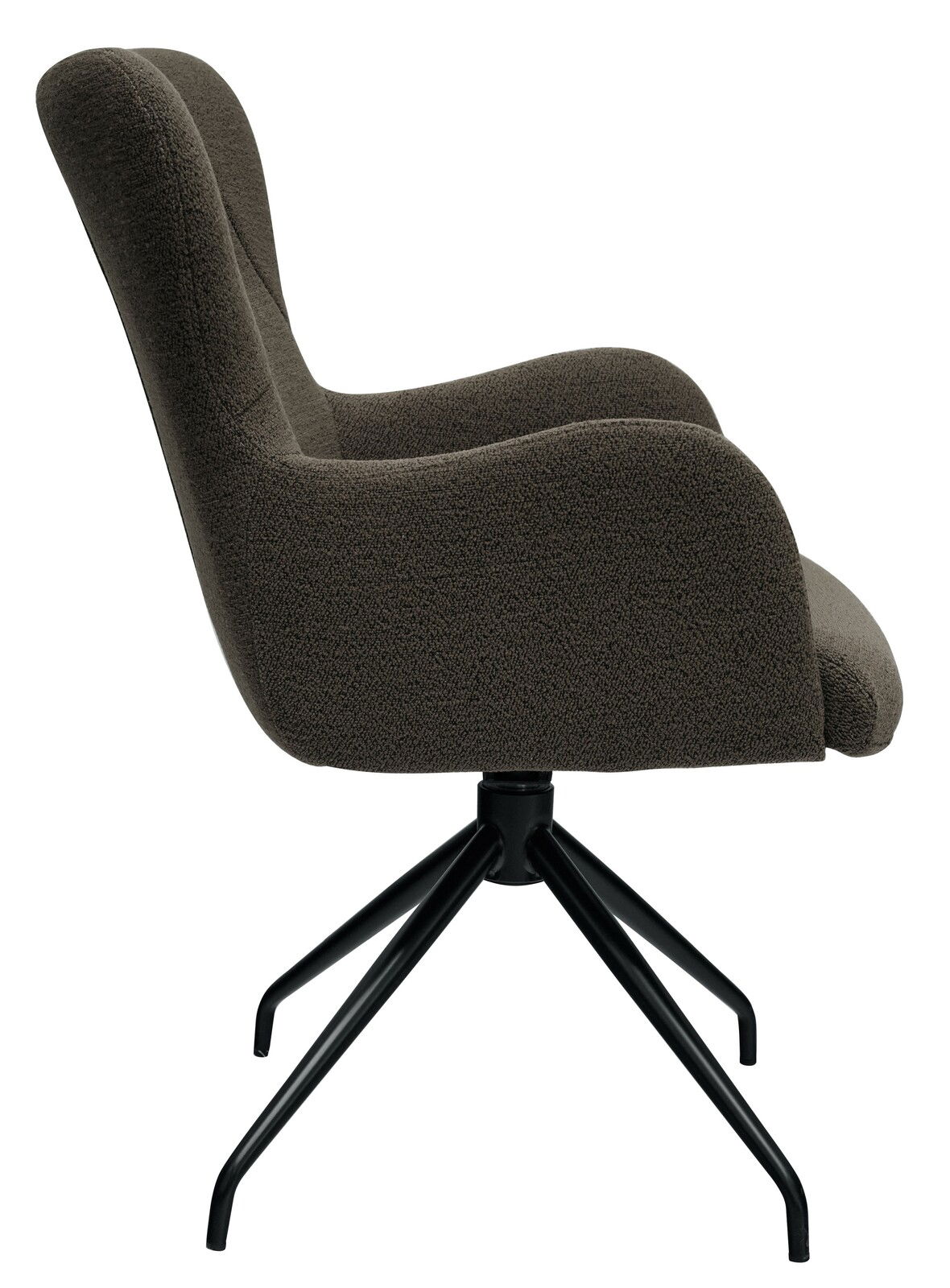 Seitenansicht eines modernen Armlehnstuhls mit schwarzem Metallgestell und dunkelgrauem Stoffbezug.