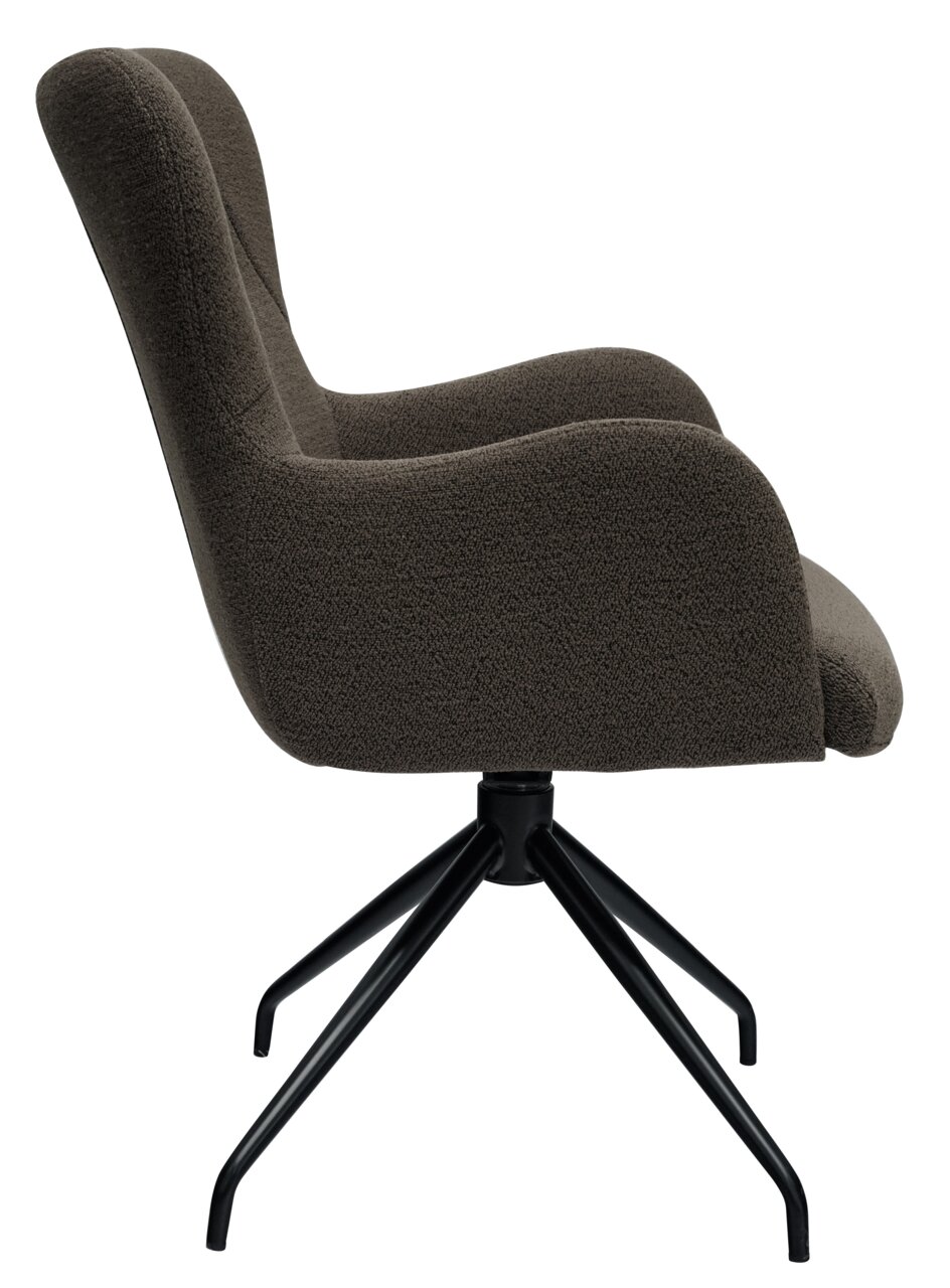 Zijaanzicht van een moderne fauteuil met een zwart metalen frame en een donkergrijze stoffen bekleding.