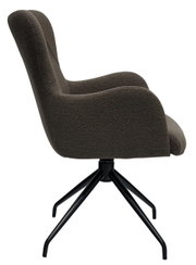 Zijaanzicht van een moderne fauteuil met een zwart metalen frame en een donkergrijze stoffen bekleding.