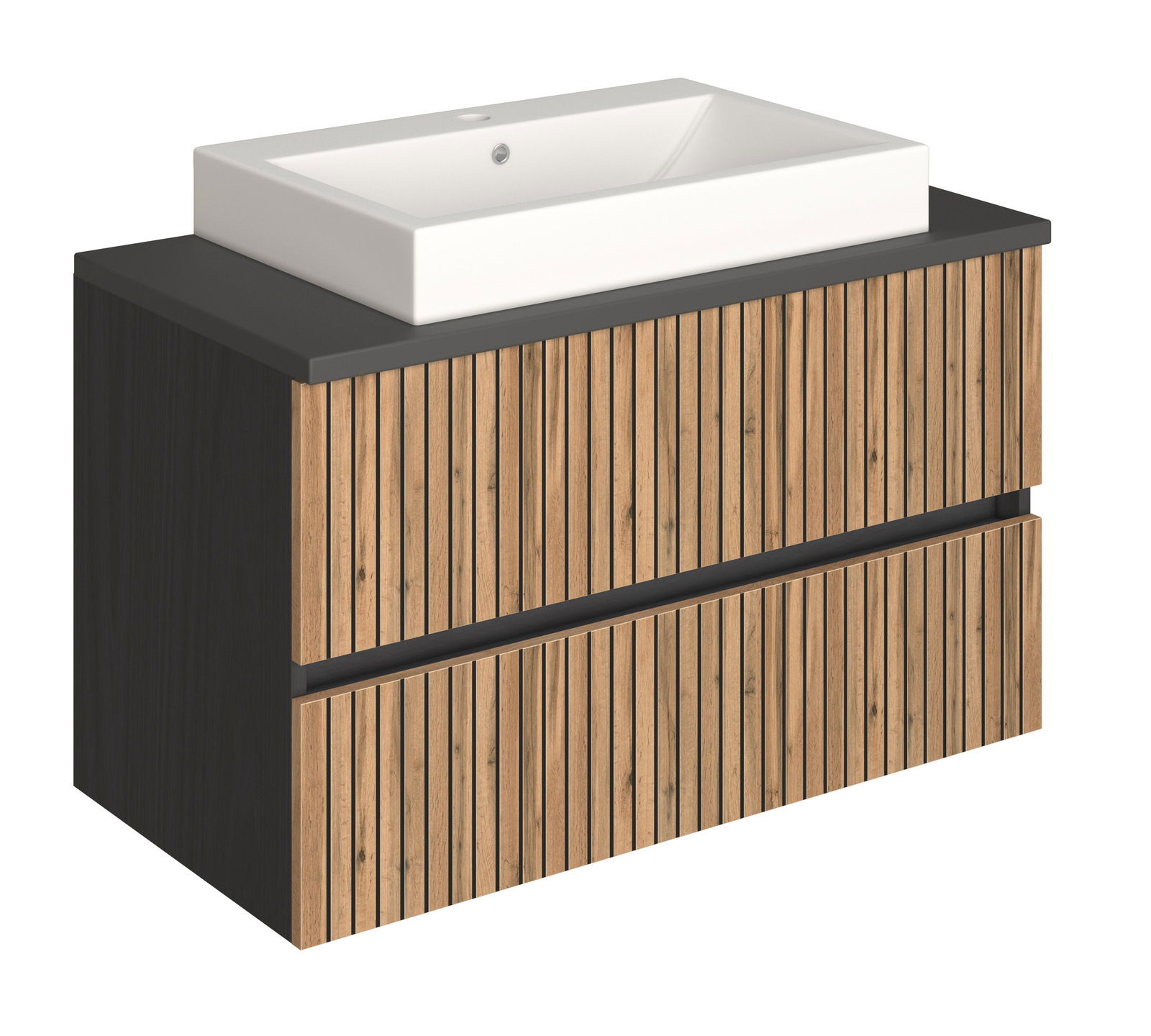 Moderner Waschtisch mit Holzlamellen-Design, seitliche Perspektive