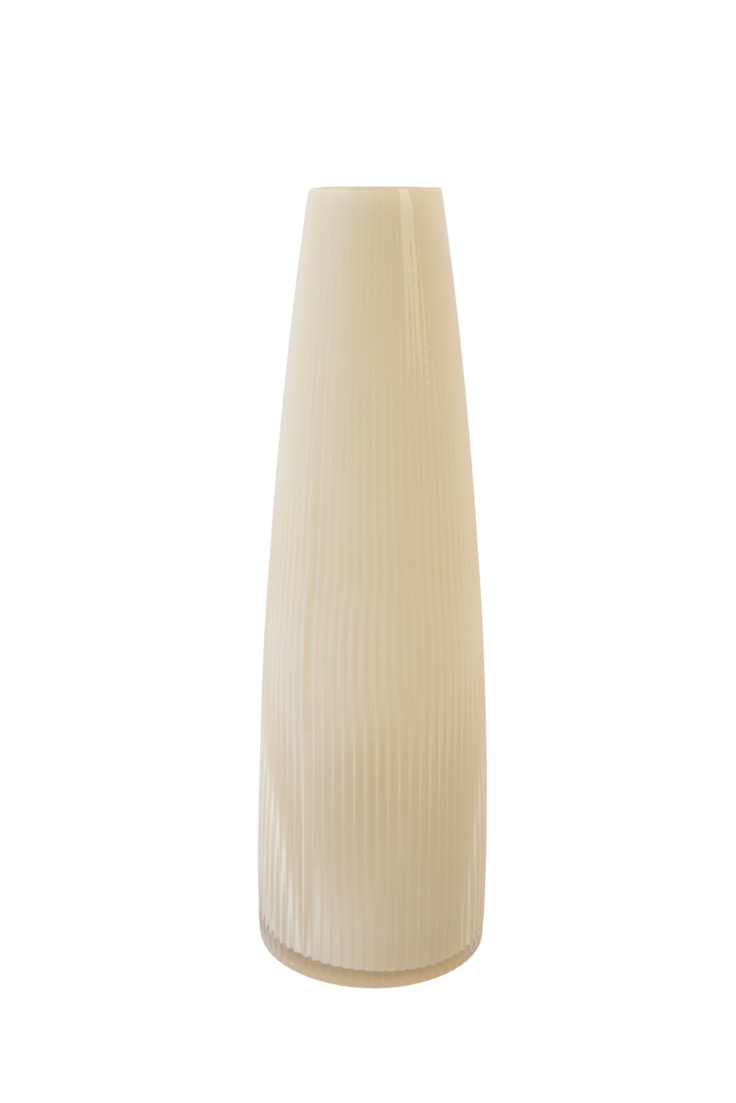 Hohe, schlanke Vase in Creme mit vertikaler Rillenstruktur und glänzender Oberfläche, frontal vor weißem Hintergrund abgebildet