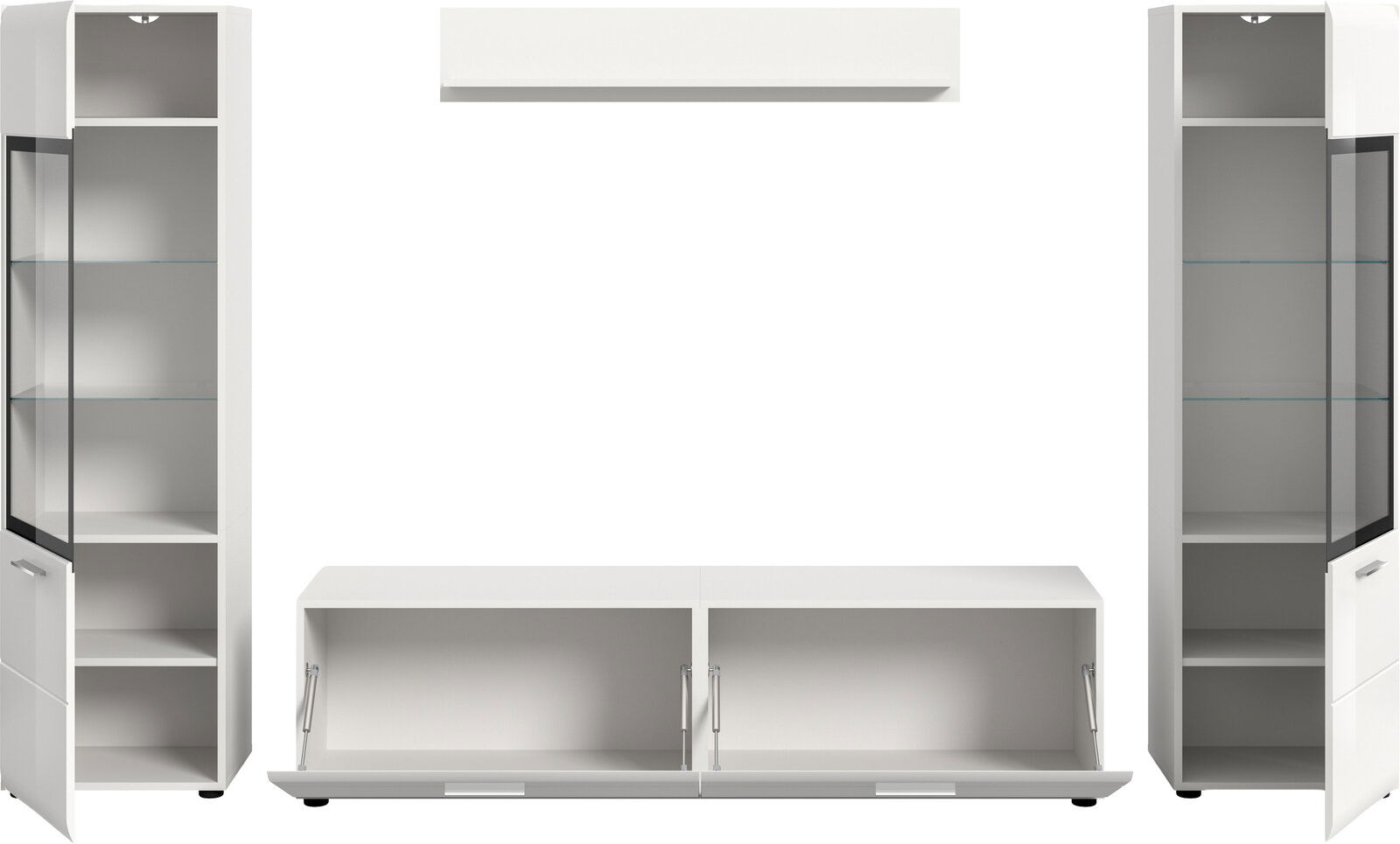 Weiße Wohnwand mit zwei hohen Vitrinenschränken mit Glastüren, mittlerem Lowboard mit zwei Klappen und schwebendem Wandboard, frontal aus leicht schräger Perspektive dargestellt