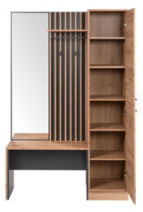 Garderoben-Set mit Spiegel, Holzregalen und Kleiderhaken, frontal betrachtet.