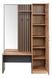 Garderoben-Set mit Spiegel, Holzregalen und Kleiderhaken, frontal betrachtet.