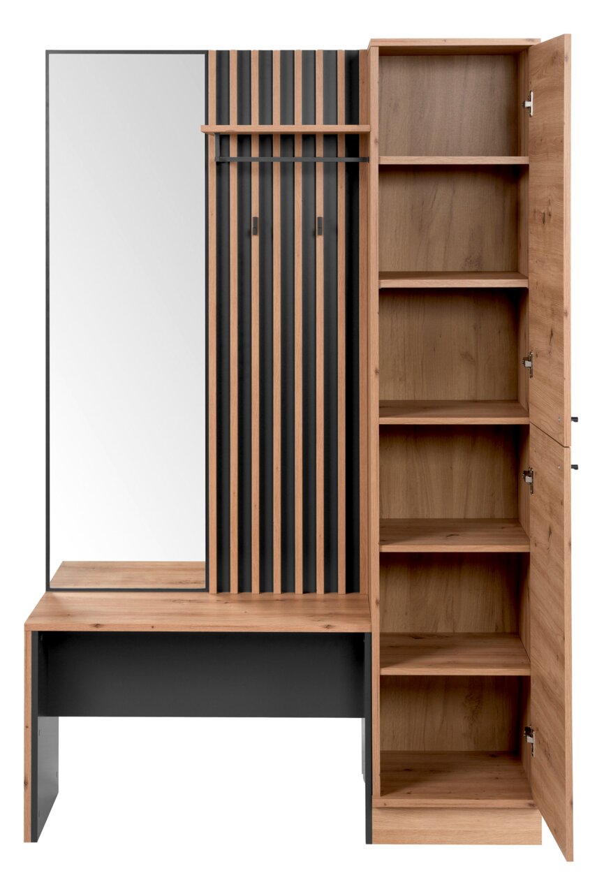Garderobeset met spiegel, houten planken en kledinghaken, gezien vanaf de voorkant.