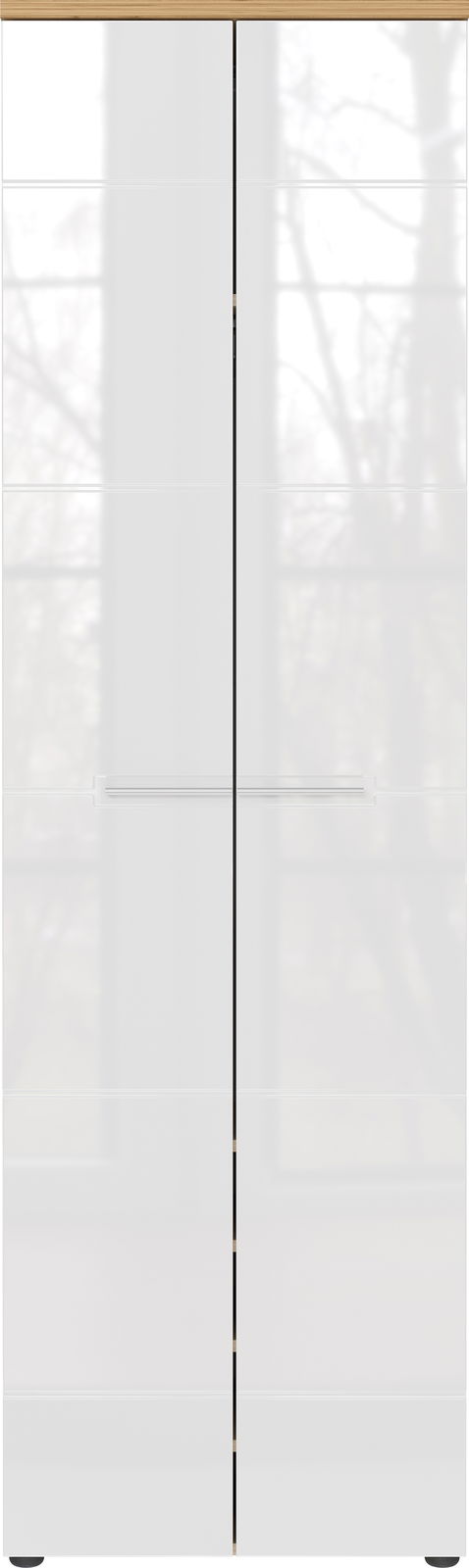 Moderner Garderobenschrank in Weiß mit Holzdetails, Frontalansicht