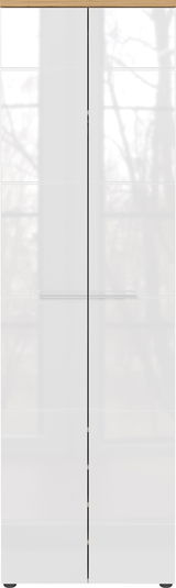 Moderner Garderobenschrank in Weiß mit Holzdetails, Frontalansicht