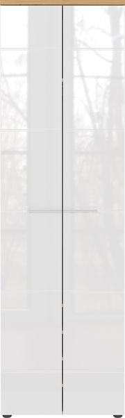 Moderner Garderobenschrank in Weiß mit Holzdetails, Frontalansicht