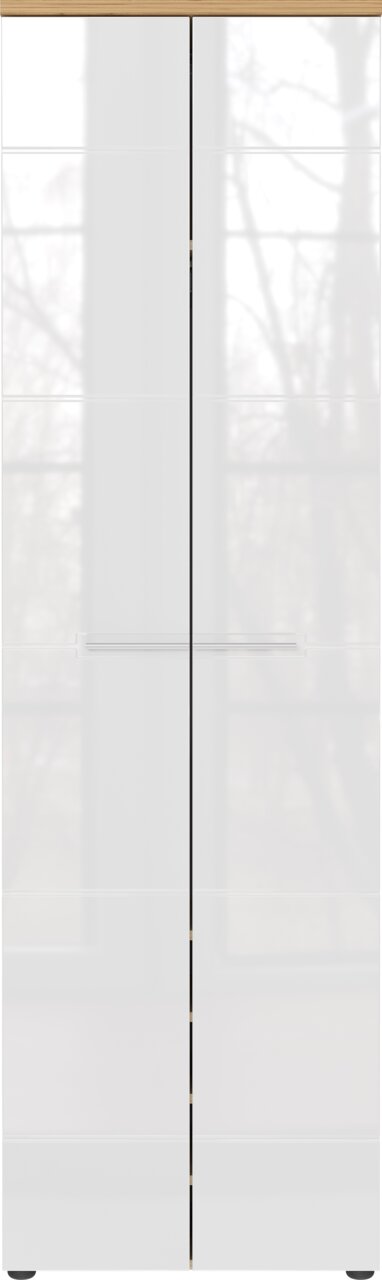Moderner Garderobenschrank in Weiß mit Holzdetails, Frontalansicht