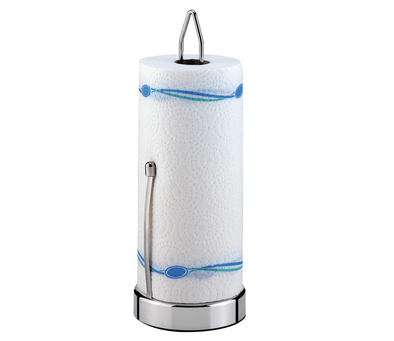 Papierrollenhalter aus Metall mit einer Küchenrolle, seitliche Perspektive