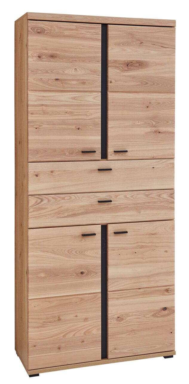 Aktenschrank aus Holz mit mehreren Türen und Schubladen, frontal fotografiert