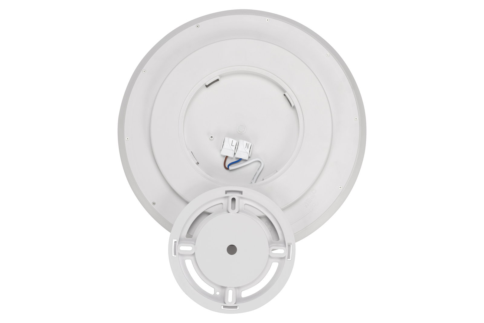 Rückansicht einer runden LED-Deckenleuchte mit sichtbaren Kabelanschlüssen und Montagehalterung.